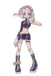 Rule 34 | 1girl, agent 8 (splatoon), black footwear, black skirt, boots, breasts, floating hair, full body, groin, highres, legs apart, medium breasts, medium hair, miniskirt, navel, nintendo, octoling, octoling girl, octoling player character, orange eyes, pencil skirt, pink hair, simple background, single bare shoulder, single sleeve, skirt, solo, splatoon (series), splatoon 2, splatoon 2: octo expansion, standing, suction cups, tentacle hair, thenintlichen96, thigh strap, white background