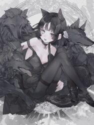 Rule 34 | 1girl, absurdres, black hair, fang, full body, hair ornament, heterochromia, highres, lingerie, looking at viewer, nightgown, pantyhose, sailor collar, short hair, skin fang, smile, solo, suimin (sui 0y0), underwear, wolf, wolf girl