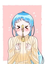 Rule 34 | &gt; &lt;, 10s, 1girl, alternate costume, blue hair, blush, clenched hands, closed eyes, flying sweatdrops, food, kantai collection, long hair, mouth hold, pocky, pocky day, samidare (kancolle), solo, sweater, yokoshima (euphoria)