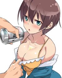 Rule 34 | 10s, 1boy, 1girl, alcohol, bare shoulders, beer, beer can, blush, breasts, brown hair, bust cup, can, cleavage, collarbone, commentary request, drink can, green eyes, highres, large breasts, looking at viewer, new game!, open mouth, shinoda hajime, short hair, solo focus, top pull, wet, yamacchi