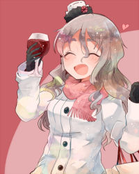 Rule 34 | 10s, 1girl, alcohol, bag, black gloves, brown hair, coat, cup, drinking glass, closed eyes, gloves, hat, heart, itomugi-kun, kantai collection, long hair, open mouth, pola (kancolle), red scarf, scarf, simple background, smile, solo, wavy hair, white coat, wine, wine glass