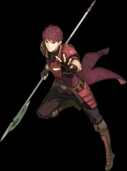 Rule 34 | 1boy, armor, boots, fingerless gloves, fire emblem, fire emblem echoes: shadows of valentia, full body, gloves, hidari (left side), lukas (fire emblem), male focus, nintendo, official art, polearm, red eyes, red hair, running, solo, spear, transparent background, weapon
