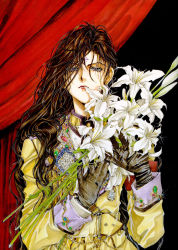 Rule 34 | 1girl, alexiel, angel, angel cage, angel sanctuary, artbook, black gloves, bouquet, brown hair, curtains, easter lily, facial mark, flower, forehead mark, formal, gem, gloves, highres, jewelry, lily (flower), lips, lipstick, long hair, looking at viewer, makeup, red lips, solo, wavy hair, yellow jacket, yuki kaori