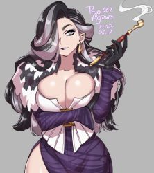 Rule 34 | 1girl, agawa ryou, arm under breasts, black hair, breasts, cleavage, curvy, dress, earrings, gloves, grey background, grey hair, hair over one eye, jewelry, large breasts, lipstick, makeup, multicolored hair, original, smoking pipe, smoke, solo