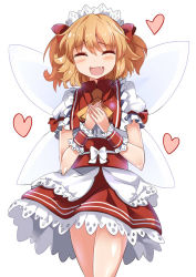 Rule 34 | 1girl, :d, ^ ^, blonde hair, blush, closed eyes, e.o., fairy wings, fang, headdress, heart, lovestruck, open mouth, sash, smile, solo, sunny milk, touhou, twintails, wings, wrist cuffs