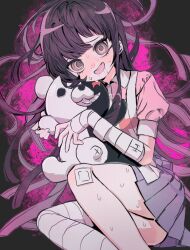 1girl :d amkm_8 apron bandaged_arm bandaged_leg bandages black_background black_hair blush danganronpa_(series) danganronpa_2:_goodbye_despair grey_skirt highres long_hair miniskirt monokuma multicolored_hair open_mouth pink_background pink_shirt pleated_skirt puffy_short_sleeves puffy_sleeves shirt short_sleeves skirt smile solo sweat teeth tsumiki_mikan two-tone_hair upper_teeth_only white_apron