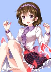 Rule 34 | 1girl, :d, barefoot, blue background, brown hair, frilled skirt, frills, highres, long sleeves, looking at viewer, musical note, necktie, open mouth, purple eyes, purple necktie, ruu (tksymkw), shirt, short hair, simple background, skirt, smile, solo, toes, touhou, tsukumo yatsuhashi, white shirt
