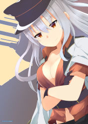 Rule 34 | 10s, 1girl, black gloves, breasts, brown eyes, cannon, cleavage, collarbone, crossed arms, gangut (kancolle), gloves, grey hair, hat, highres, jacket, jacket on shoulders, kantai collection, long hair, looking at viewer, midriff, myuto (advent retribution), open clothes, open shirt, peaked cap, shirt, short sleeves, smile, solo, turret, twitter username, upper body, white jacket