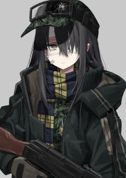 Rule 34 | 1girl, abarabone, absurdres, ak-47, assault rifle, bandaged head, bandages, bandaid, bandaid on face, black hair, blue scarf, camouflage, camouflage shirt, closed mouth, crack, drawstring, expressionless, eyepatch, gloves, goggles, goggles on head, green jacket, grey background, grey gloves, gun, gun request, hair over one eye, hat, highres, holding, holding gun, holding weapon, jacket, kalashnikov rifle, long hair, long sleeves, looking at viewer, military, military uniform, open clothes, open jacket, original, peaked cap, plaid, plaid scarf, rifle, scarf, shirt, sidelocks, simple background, solo, strap, trigger discipline, uniform, upper body, weapon, wing collar, yellow eyes, zipper