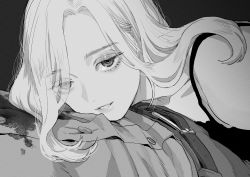 Rule 34 | 1boy, 1girl, absurdres, belt, belt buckle, buckle, buttons, collarbone, grey background, greyscale, grin, hair strand, highres, katsuoboshi, lips, long hair, looking at viewer, monochrome, original, smile, solo