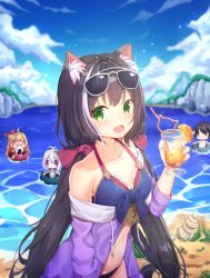 Rule 34 | 1boy, 3girls, animal ear fluff, antenna hair, bare shoulders, bikini, bikini under clothes, black hair, blue bikini, blue eyes, blue sky, blurry, blurry background, blush, blush stickers, breasts, brown hair, chibi, chibi inset, cloud, cloudy sky, collarbone, commentary request, crazy straw, cup, day, depth of field, drink, drinking glass, drinking straw, eating, eyewear on head, food, front-tie bikini top, front-tie top, green eyes, green one-piece swimsuit, grey-framed eyewear, hair between eyes, hand up, highres, holding, holding cup, holding food, ice, ice cube, indoors, innertube, jacket, karyl (princess connect!), karyl (summer) (princess connect!), kokkoro (princess connect!), long hair, long sleeves, low twintails, multicolored hair, multiple girls, off shoulder, one-piece swimsuit, onigiri, open clothes, open jacket, outdoors, pecorine (princess connect!), pecorine (summer) (princess connect!), princess connect!, purple eyes, purple jacket, seero, sky, small breasts, solo focus, streaked hair, sunglasses, swim ring, swimsuit, twintails, very long hair, water, white hair