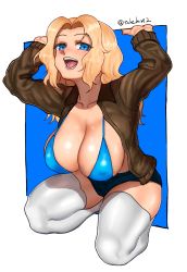 Rule 34 | 1girl, absurdres, arms up, bikini, bikini under clothes, blonde hair, blue bikini, blue eyes, blue shorts, breasts, brown jacket, collarbone, commentary, fourth wall, girls und panzer, hair intakes, half-closed eyes, highres, jacket, kay (girls und panzer), kneeling, large breasts, long hair, long sleeves, looking at viewer, military, military uniform, no shirt, open clothes, open jacket, open mouth, outside border, parted bangs, saunders military uniform, short shorts, shorts, smile, solo, sweat, swimsuit, takefu jiin, thighhighs, thighs, tongue, twitter username, uniform, white background, white thighhighs