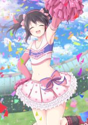 Rule 34 | 1girl, :d, ^ ^, armpits, black hair, bow, cheerleader, chiro (bocchiropafe), closed eyes, clothes writing, cloud, cloudy sky, collarbone, confetti, copyright name, crop top, day, elbow gloves, closed eyes, frilled skirt, frills, gloves, hair bow, hand on own hip, headphones, highres, love live!, love live! school idol festival, love live! school idol project, midriff, miniskirt, navel, open mouth, pink bow, pink gloves, pink skirt, pleated skirt, polka dot, polka dot skirt, pom pom (cheerleading), print bow, shirt, skirt, sky, sleeveless, sleeveless shirt, smile, solo, sparkle, star (symbol), star print, takaramonozu, twintails, wireless, yazawa nico