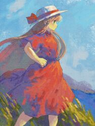 Rule 34 | 1girl, blue sky, brown hair, closed mouth, day, dress, feet out of frame, from side, ge dazuo, green eyes, hand on own hip, hat, hat ribbon, highres, long hair, original, outdoors, profile, red dress, red ribbon, ribbon, short sleeves, sky, solo, standing, very long hair, white hat