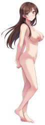 Rule 34 | 1girl, arms behind back, ass, barefoot, breasts, brown eyes, brown hair, collarbone, completely nude, dot nose, full body, highres, kanojo okarishimasu, large breasts, long hair, looking at viewer, mizuhara chizuru, nipples, nude, nude filter, simple background, smile, solo, standing, third-party edit, toes, transparent background