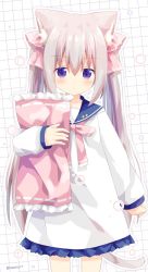 Rule 34 | 1girl, animal ear fluff, animal ears, blue sailor collar, blush, bow, brown hair, cat ears, cat girl, cat tail, closed mouth, commentary request, dress, frilled dress, frills, hair between eyes, highres, long hair, long sleeves, looking at viewer, nakkar, hugging object, original, pillow, pillow hug, pink bow, purple eyes, ribbon trim, sailor collar, sidelocks, sleeves past wrists, solo, tail, twintails, twitter username, very long hair