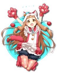 Rule 34 | 1girl, :d, animal costume, animal ears, animal hands, animal hat, arms up, bell, blunt bangs, bow, brown eyes, brown hair, buttons, capelet, cosplay, fang, frills, full body, gloves, halloween, hat, hattori masaki, ichihara nina, idolmaster, idolmaster cinderella girls, jumping, kigurumi, lace, long hair, looking at viewer, low-tied long hair, open mouth, pantyhose, pantyhose under shorts, paw gloves, paw shoes, pink pantyhose, polka dot, polka dot bow, polka dot legwear, pom pom (clothes), puffy shorts, pumpkin, ribbon, shoes, shorts, smile, solo, striped, tail, tail bell, tail ornament, thigh gap, transparent background, very long hair, wolf costume, wolf ears, wolf tail, yellow eyes