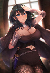 Rule 34 | 1girl, arm guards, armor, black cape, black hair, black shorts, blue eyes, blush, breasts, byleth (female) (fire emblem), byleth (fire emblem), cape, cleavage, closed mouth, clothing cutout, cowboy shot, elbow pads, fire emblem, fire emblem: three houses, hair ornament, hand up, highres, huge breasts, indoors, kannko bokujou, large breasts, light particles, looking at viewer, md5 mismatch, navel, navel cutout, nintendo, pantyhose, resolution mismatch, sheath, sheathed, shorts, sidelocks, skindentation, smile, solo, source larger