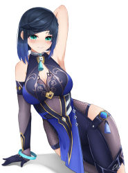 Rule 34 | 1girl, arm behind back, arm support, artist name, asymmetrical gloves, bangle, black hair, blue hair, bob cut, bracelet, breasts, closed mouth, commentary, cowboy shot, diagonal bangs, dice, elbow gloves, english commentary, genshin impact, glint, gloves, gold trim, gradient hair, green eyes, green pupils, highres, jewelry, light smile, looking at viewer, lying, medium breasts, medium hair, mismatched gloves, mole, mole on breast, multicolored hair, neck ring, neck tassel, on side, signature, simple background, single elbow glove, sleeveless, solo, tassel, tassel choker, vision (genshin impact), waist cutout, white background, xsan vanny, yelan (genshin impact)