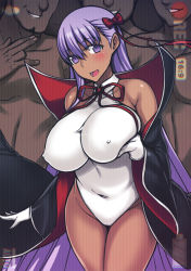 Rule 34 | 1girl, 3boys, bare shoulders, bb (fate), bb (fate/extra), bb (swimsuit mooncancer) (third ascension) (fate), black cape, breast lift, breasts, cape, charao, clothed female nude male, commentary request, covered collarbone, covered erect nipples, covered navel, darabuchi, dark skin, eyes visible through hair, fat, fat man, fate/grand order, fate (series), gloves, grey background, hair ribbon, halterneck, large breasts, legs together, leotard, long hair, looking at viewer, multiple boys, netorare, nude, purple hair, recording, red ribbon, ribbon, simple background, standing, very long hair, white gloves, white leotard