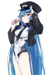 Rule 34 | 1girl, absurdres, arm up, black hat, black jacket, black necktie, blue hair, breasts, candy, closed mouth, copyright request, eyepatch, eyepatch lift, food, hair between eyes, hand up, hat, highres, holding, holding candy, holding food, holding lollipop, jacket, leotard, lifting own clothes, lollipop, long hair, necktie, open clothes, open jacket, peaked cap, purple eyes, simple background, small breasts, solo, standing, syhan, very long hair, virtual youtuber, white background, white leotard
