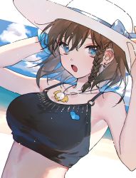 Rule 34 | 1girl, beach, bikini, bikini top only, blue eyes, braid, breasts, brown hair, charlotte corday (fate), charlotte corday (swimsuit caster) (fate), charlotte corday (swimsuit caster) (first ascension) (fate), earrings, fate/grand order, fate (series), hat, highres, holding, holding clothes, holding hat, jewelry, pendant, seiya ingen, solo, sun hat, swimsuit