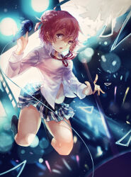 1girl black_socks collared_shirt full_body hair_bun highres holding holding_microphone jumping kneehighs long_sleeves looking_at_viewer maoshenzou microphone microphone_stand miniskirt navel neck_ribbon open_mouth plaid_clothes plaid_skirt pleated_skirt red_eyes red_hair red_ribbon ribbon school_uniform shirt short_hair single_hair_bun single_side_bun skirt sobu_high_school_uniform socks solo thighs white_shirt yahari_ore_no_seishun_lovecome_wa_machigatteiru. yuigahama_yui