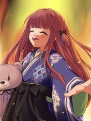 Rule 34 | 1girl, :d, ^ ^, asagi nanami, black hakama, black ribbon, blue kimono, blush, closed eyes, commentary request, cowboy shot, floating hair, floral print, hair ribbon, hakama, happy, highres, holding, holding stuffed toy, japanese clothes, kimono, long hair, long sleeves, nie no hakoniwa, open mouth, outstretched arm, print kimono, red hair, ribbon, saegusa touka, simple background, smile, solo, straight hair, stuffed animal, stuffed toy, teddy bear, teeth, two side up, upper teeth only, very long hair, wide sleeves