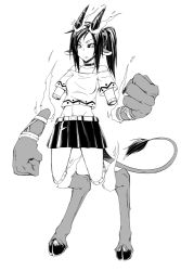 Rule 34 | 1girl, animal ears, belt, black sclera, claws, clenched hands, colored sclera, demon girl, detached arm, disembodied horns, disembodied hand, dream demon, full body, greyscale, hooves, legs apart, long hair, looking at viewer, midriff, monochrome, monster girl, navel, original, pleated skirt, ponytail, satyr, shirt, simple background, skirt, slit pupils, solo, standing, v-shaped eyebrows, white background