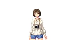 Rule 34 | 1girl, aotonbo, blush, breasts, brown hair, camera, female focus, game cg, jewelry, large breasts, legs, looking at viewer, necklace, ohanabatakerun, purple eyes, short hair, shorts, simple background, smile, solo, standing, thigh gap, thighs, white background, xx of the dead