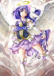 Rule 34 | 10s, 1girl, angel wings, arm warmers, brooch, cure fortune, earrings, feathered wings, hair ornament, halo, happinesscharge precure!, heart, heart brooch, heart hair ornament, highres, hikawa iona, jewelry, long hair, magical girl, ponytail, precure, purple eyes, purple hair, short sleeves, skirt, smile, solo, thighhighs, white thighhighs, wings, yuutarou (fukiiincho), zettai ryouiki