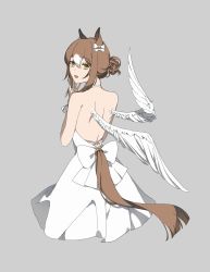 Rule 34 | 1girl, animal ears, back, backless dress, backless outfit, bare shoulders, bow, brown hair, choker, cropped torso, dress, ear bow, feathered wings, fine motion (umamusume), from behind, green eyes, grey background, hair between eyes, hair bun, hand up, highres, horse ears, horse girl, horse tail, looking at viewer, looking back, medium hair, multicolored hair, open mouth, rokumijio maru, shoulder blades, simple background, single hair bun, solo, tail, two-tone hair, umamusume, upper body, white dress, wings