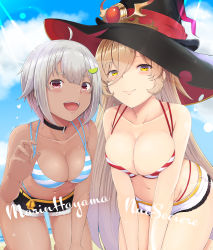 Rule 34 | 2girls, absurdres, ahoge, beach, bikini, black shorts, blue bikini, blue sky, blush, breasts, brown hair, cleavage, closed mouth, collarbone, commentary, cowboy shot, dark-skinned female, dark skin, day, fang, fang out, food, food-themed hair ornament, fruit, grey hair, hair between eyes, hair ornament, hat, hayama marin, highres, kneeling, large breasts, leaning forward, lime (fruit), lime slice, lips, long hair, looking at viewer, medium breasts, multiple girls, navel, nijisanji, nui sociere, open mouth, outdoors, red bikini, red eyes, short hair, shorts, sky, smile, striped bikini, striped clothes, sunlight, swimsuit, temari rin, very long hair, virtual youtuber, white shorts, witch hat, yellow eyes