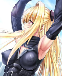 Rule 34 | 1girl, armpits, arms up, bad id, bad pixiv id, blonde hair, blush, breasts, hair ornament, impossible clothes, impossible shirt, konjiki no yami, long hair, nipples, nyamota, open mouth, puffy nipples, red eyes, see-through, shirt, solo, to love-ru, twintails, two side up, very long hair