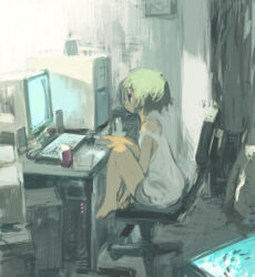 Rule 34 | 1girl, bare legs, barefoot, can, chair, commentary request, computer, copyright request, full body, green hair, grey shorts, highres, indoors, knees up, monitor, moripate (naohito), shirt, short hair, shorts, sitting, solo, white shirt