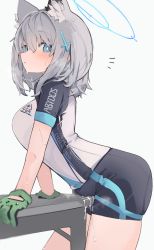 Rule 34 | 1girl, animal ear fluff, animal ears, bad id, bad pixiv id, bike jersey, bike shorts, blue archive, blue eyes, blue shorts, blush, breasts, clothes writing, cross hair ornament, crotch rub, cycling uniform, extra ears, female masturbation, from side, gloves, green gloves, grey hair, hair ornament, halo, highres, looking at viewer, masturbation, masturbation through clothes, medium breasts, medium hair, mikozin, mismatched pupils, multicolored shirt, notice lines, official alternate costume, parted lips, pussy juice, pussy juice drip through clothes, shiroko (blue archive), shiroko (cycling) (blue archive), short sleeves, shorts, simple background, solo, sweat, table, table humping, two-tone gloves, white background, wolf ears