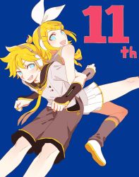 Rule 34 | 1boy, 1girl, :d, back-to-back, blonde hair, blue eyes, brother and sister, detached sleeves, hair ribbon, headphones, headset, highres, kagamine len, kagamine rin, leg warmers, locked arms, makimura (miwmiw-cage), nail polish, necktie, open mouth, ribbon, sailor collar, shorts, siblings, smile, twins, vocaloid