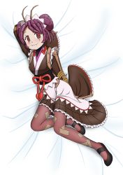 Rule 34 | 1girl, antennae, apron, arm behind head, arthropod girl, bed sheet, black footwear, blush, brown kimono, commentary request, double bun, entoma vasilissa zeta, fangs, hair bun, highres, japanese clothes, kimono, legs, light smile, looking at viewer, lying, maid, maid headdress, mary janes, ofuda, on back, overlord (maruyama), pantyhose, purple pantyhose, red eyes, ribbon, shoes, skin fangs, sleeves past wrists, solo, waist apron, wicchii