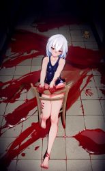 Rule 34 | 1girl, axe, bare shoulders, blood, blood on arm, blood on hands, blood on leg, blood stain, blue one-piece swimsuit, breasts, collarbone, feet, full body, hair between eyes, handprint, head tilt, highres, looking at viewer, medium hair, on chair, one-piece swimsuit, original, pool of blood, red eyes, school swimsuit, sexmiss, sitting, small breasts, smile, solo, stuffed animal, stuffed toy, swimsuit, teddy bear, thighs, toes, white hair