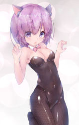 Rule 34 | &gt;:o, 1girl, :o, alternate costume, animal ears, bare arms, bare shoulders, black leotard, black pantyhose, blush, bow, bowtie, breasts, cat ears, claw pose, cleavage, covered navel, detached collar, eyes visible through hair, fate/grand order, fate (series), hair over one eye, highres, kittysuit, knees together feet apart, leg up, leotard, mash kyrielight, medium breasts, nontraditional playboy bunny, open mouth, pantyhose, pink bow, pink bowtie, purple eyes, shiny clothes, shiny skin, solo, standing, standing on one leg, strapless, strapless leotard, twiska (doubitian), v-shaped eyebrows