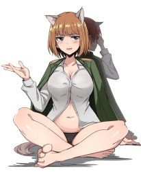 Rule 34 | 2girls, animal ears, black panties, blue eyes, blush, brave witches, breasts, brown hair, cameltoe, cleavage, dog ears, dog tail, emu 1316, gundula rall, highres, jacket, jacket on shoulders, large breasts, military, military uniform, minna-dietlinde wilcke, multiple girls, navel, no bra, open mouth, panties, shiny skin, shirt, short hair, simple background, sitting, smile, strike witches, tail, underwear, uniform, white background, white shirt, world witches series