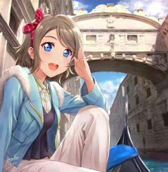 Rule 34 | 1girl, blue eyes, blue jacket, boat, breasts, cloud, day, fur trim, grey hair, hair ribbon, highres, jacket, looking at viewer, love live!, love live! school idol festival, love live! sunshine!!, medium breasts, open mouth, outdoors, pants, plaid, plaid ribbon, ribbon, salute, shamakho, short hair, signature, sky, smile, venice, watanabe you, water, watercraft, white pants