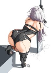 Rule 34 | 1girl, a2 (nier:automata), ass, ass focus, automatic giraffe, back, black footwear, black gloves, black leotard, boots, clothing cutout, crack, dated, from behind, full body, gloves, high heel boots, high heels, highres, joints, leaning forward, leotard, long hair, nier:automata, nier (series), planted, planted sword, planted weapon, robot joints, solo, standing, sword, thigh boots, waist cutout, weapon, white hair