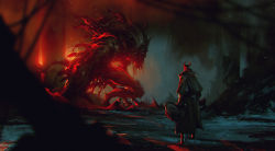 Rule 34 | 1other, ambiguous gender, bloodborne, blurry, blurry background, brown coat, capelet, coat, from behind, glowing, glowing eyes, gun, hat, highres, holding, holding gun, holding weapon, hunter (bloodborne), kalmahul, laurence the first vicar, long sleeves, looking at another, monster, saw, saw cleaver, standing, tricorne, weapon