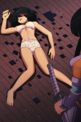Rule 34 | 2girls, armpits, barefoot, black hair, blush, bra, breasts, cleavage, clenched hand, closed eyes, collarbone, day, defeat, euf-dreamer, feet, female focus, fingernails, from behind, full body, groin, hair over eyes, highres, hime cut, humiliation, katana, kill la kill, kiryuuin satsuki, knees together feet apart, legs, looking at another, matoi ryuuko, medium breasts, medium hair, midriff, mismatched underwear, multicolored clothes, multicolored hair, multicolored panties, multiple girls, navel, neck, on floor, open mouth, outdoors, panties, print panties, public indecency, shiny clothes, shiny skin, siblings, sidelocks, sisters, standing, streaked hair, swept bangs, sword, thighs, toenails, toes, trigger (company), tsundere, underwear, underwear only, unworn clothes, weapon, white bra