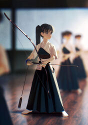 Rule 34 | 4girls, absurdres, archery, archery dojo, arrow (projectile), black eyes, black hair, blue hakama, blue skirt, blurry, blurry background, blurry foreground, bow (weapon), closed mouth, commentary, competition, depth of field, full body, gloves, hair ornament, hairclip, hakama, hakama skirt, highres, holding, holding arrow, holding bow (weapon), holding weapon, indoors, japanese clothes, kunitarou-art, kyuudou, long hair, looking to the side, multiple girls, muneate, no shoes, original, partially fingerless gloves, partly fingerless gloves, ponytail, revision, short sleeves, single glove, skirt, socks, solo focus, weapon, wooden floor, yugake