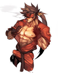 Rule 34 | 1boy, abs, alternate costume, bara, bare pectorals, brown hair, bulge, cigarette, cropped legs, cum, cum in clothes, cum through clothes, erection, erection under clothes, fingerless gloves, gloves, guilty gear, headgear, highres, large pectorals, long hair, male focus, muscular, na insoo, navel, nipples, open clothes, pectorals, ponytail, shiny skin, simple background, smoking, sol badguy, solo, spiked hair, undressing, white background, yellow eyes