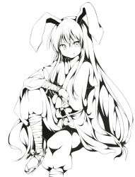 Rule 34 | 1girl, animal ears, ankle wrap, bandages, bow, rabbit ears, chikuwa savy, forbidden scrollery, highres, long hair, monochrome, reisen udongein inaba, sandals, sash, skirt, smile, solo, spoilers, touhou, very long hair