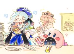 Rule 34 | 1boy, 1other, 2girls, ^^^, arknights, beret, black ribbon, blue eyes, blue hair, blue headwear, blush, blush stickers, burger, cake, closed eyes, doctor (arknights), drink, eating, food, frying pan, gloves, goldenglow (arknights), gummy (arknights), gummy (elite ii) (arknights), hair between eyes, happy, hat, hat ribbon, highres, holding, holding food, kirby, kirby (series), mizuki (arknights), multiple girls, nintendo, open mouth, pink hair, plate, plate stack, ribbon, short hair with long locks, simple background, wed (lim38869577), white background, white gloves