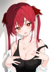 Rule 34 | 1girl, absurdres, alternate costume, bare shoulders, black tank top, blush, breasts, cleavage, collarbone, commentary request, fang, hair ribbon, hands on own chest, head tilt, heart, heart-shaped pupils, heart necklace, heterochromia, highres, hololive, houshou marine, jewelry, large breasts, long hair, looking at viewer, necklace, off shoulder, open mouth, red eyes, red hair, red ribbon, ribbon, shirt, skin fang, solo, strap slip, sweat, symbol-shaped pupils, tank top, totuoooo1015, twintails, upper body, virtual youtuber, white shirt, yellow eyes